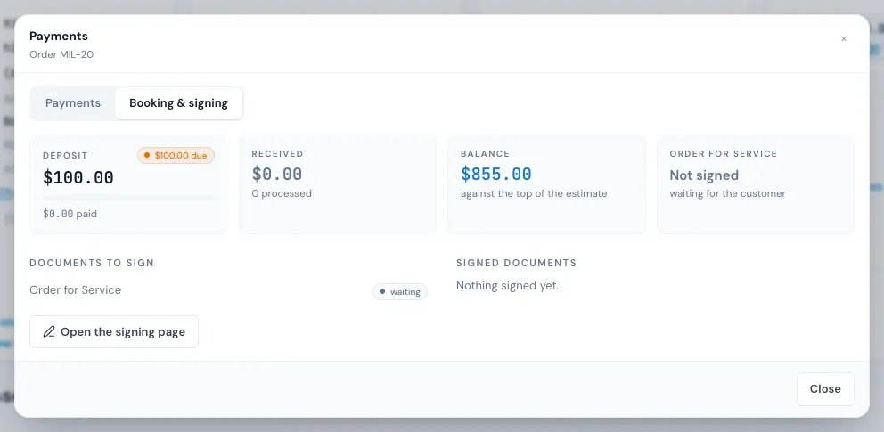 The Booking & signing tab