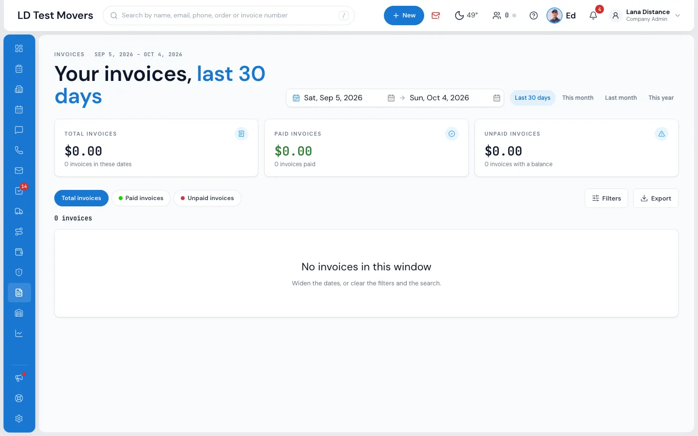 The Invoices page: totals, which invoices, and filters