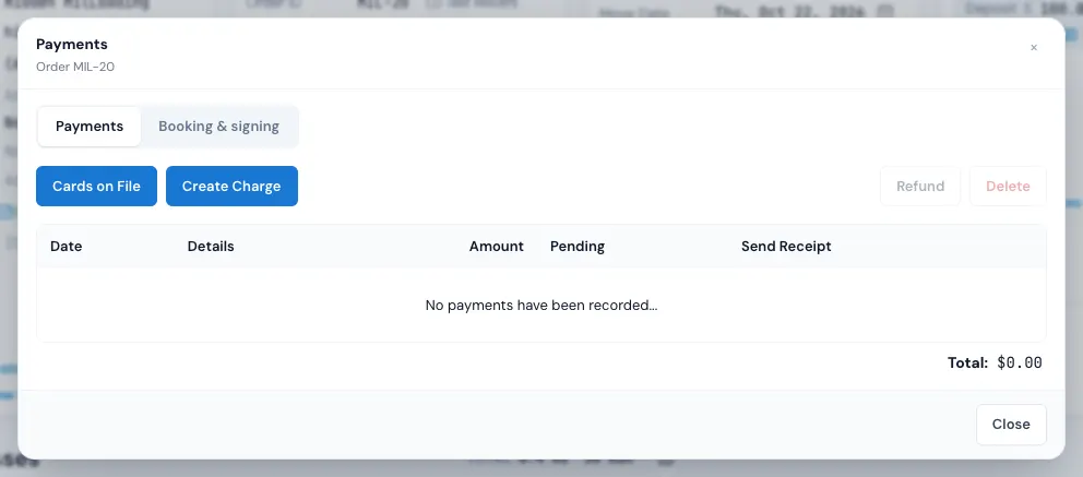 The Payments window, with Create Charge highlighted