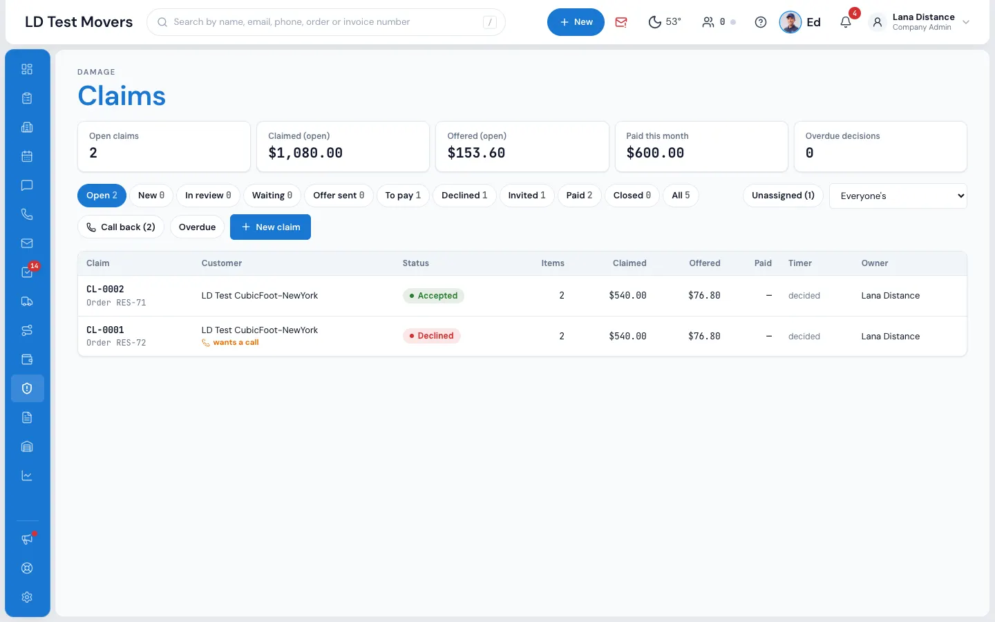 The Claims page: every claim by status, with New claim to start one
