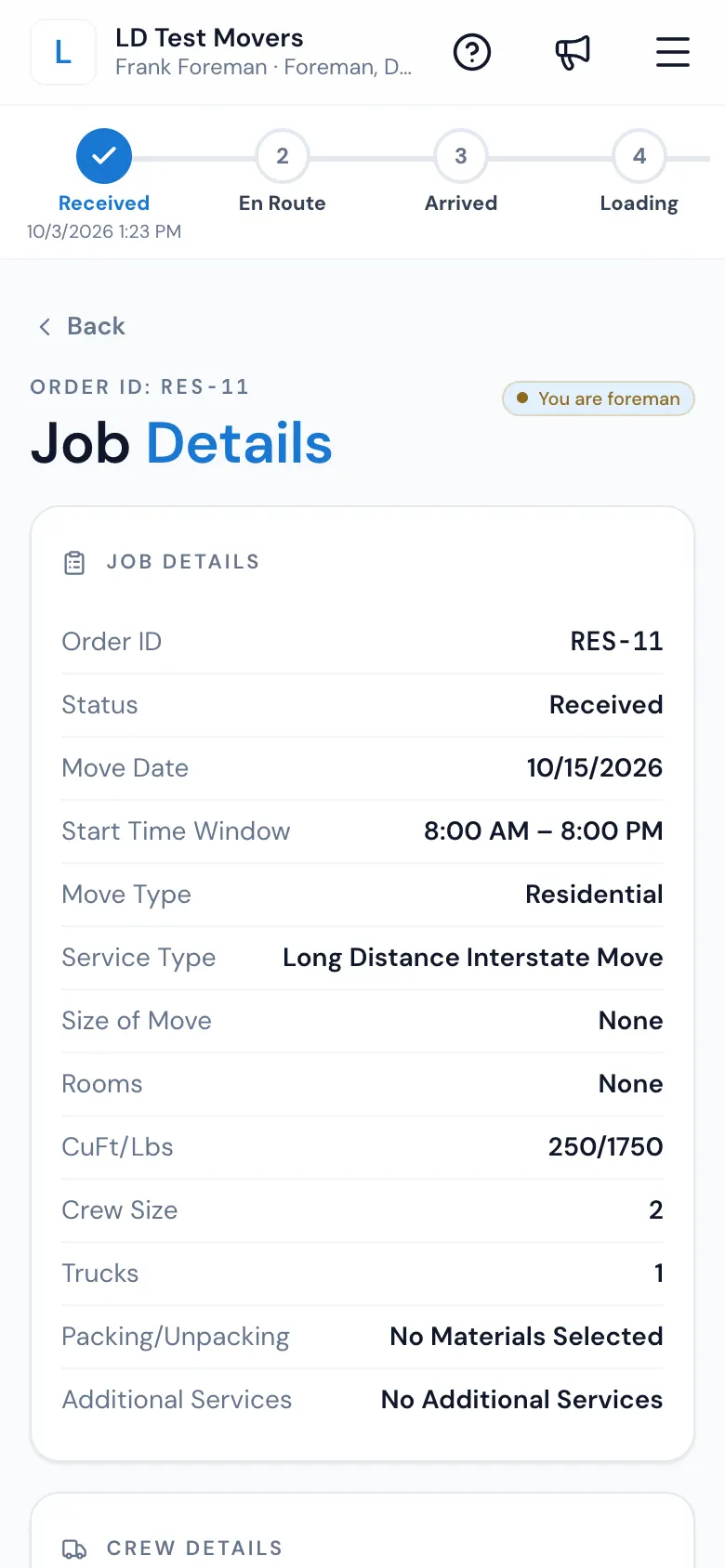 Job Details on the phone: the status chain at the top and the Job Details card