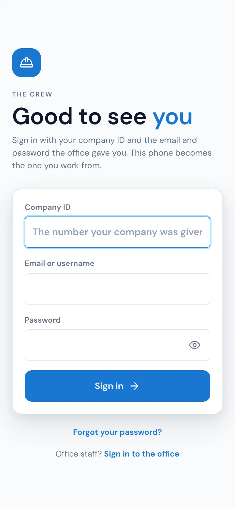 The Mover's Portal sign-in: Company ID, Email or username, and Password