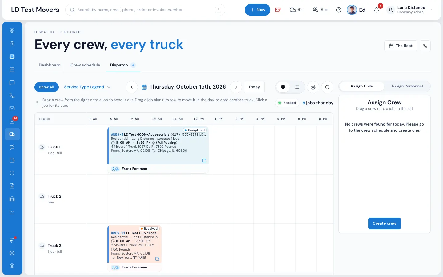 The Dispatch board: Booked and the day's job count (1), the truck rows with their job cards (2) and the Assign Crew panel (3)