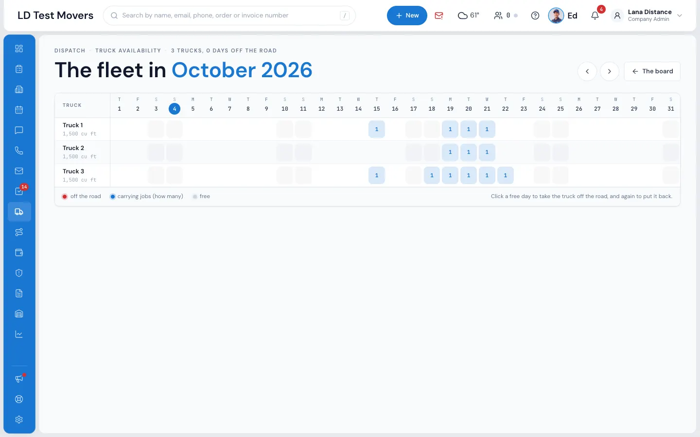 The fleet calendar: a row per truck (1), with the number of jobs on the days it works, and the legend under it
