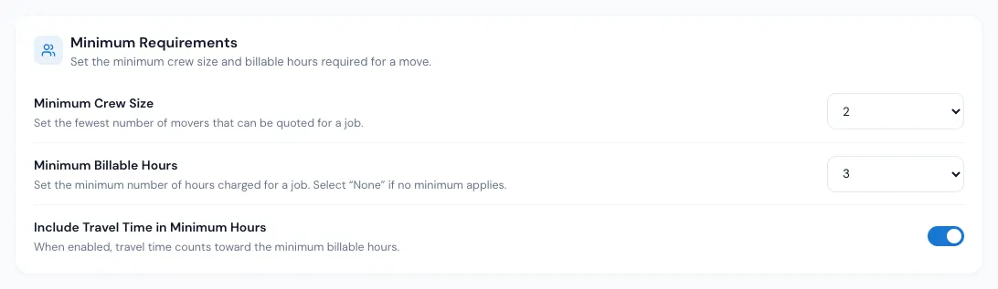Minimum Requirements: Minimum Crew Size (1) and Minimum Billable Hours (2)