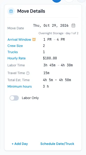 The Move Details card: Crew Size (1) and Minimum hours (2) are rows you can open and change