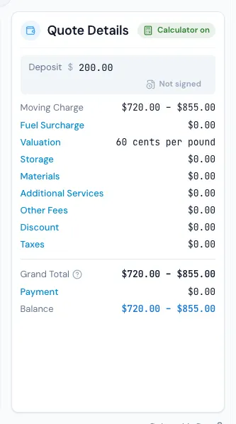 The Quote Details card: Materials (1) and Additional Services (2) sit between the Moving Charge and the Grand Total