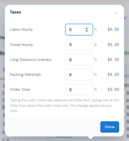 The Taxes pop-up: five rates, each with the tax it adds
