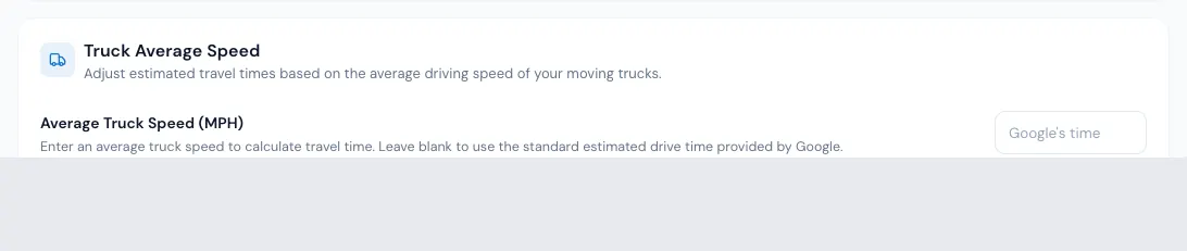 Truck Average Speed (1): leave it blank to use Google's drive time