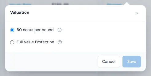 The Valuation pop-up: the basic option, Full Value Protection with its liability and deductibles