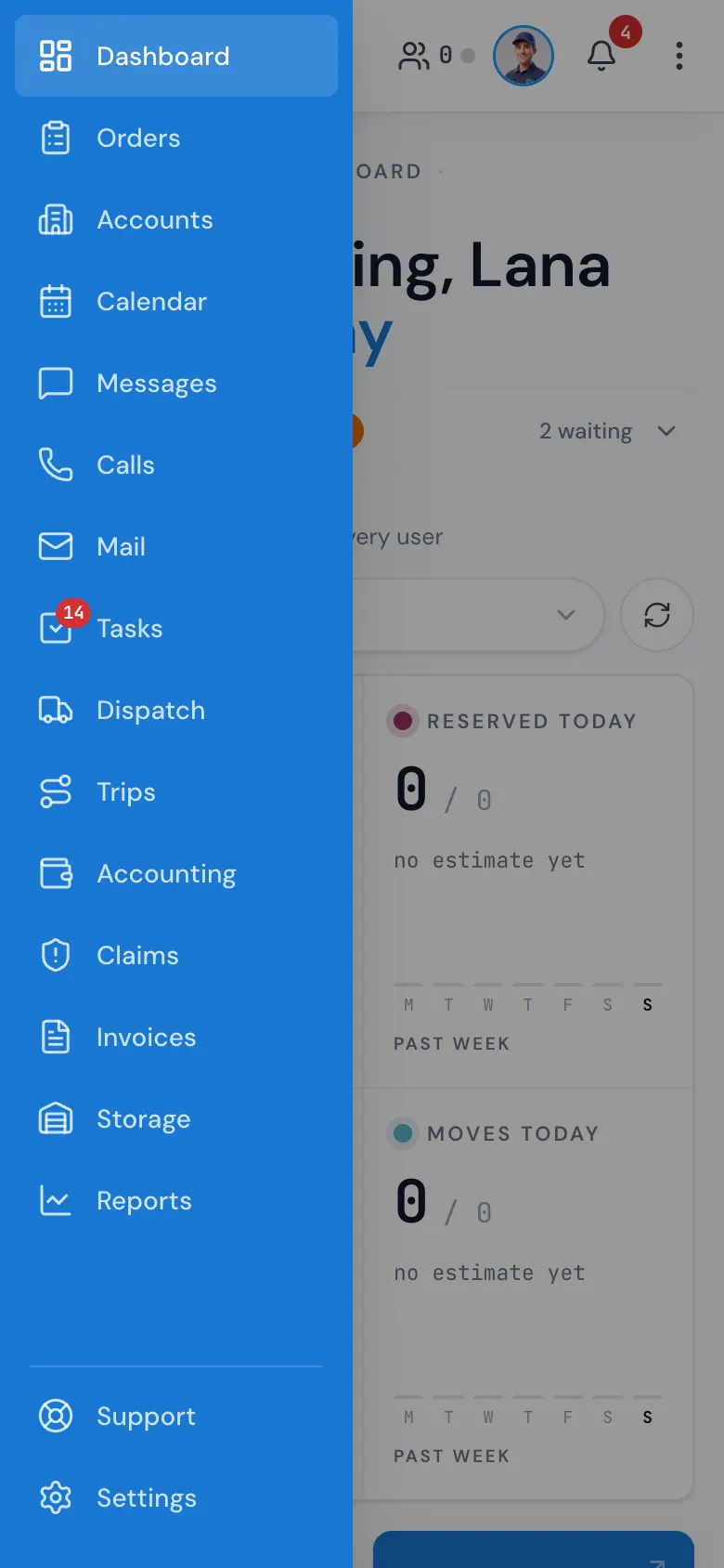 The phone menu, opened from the three-line button
