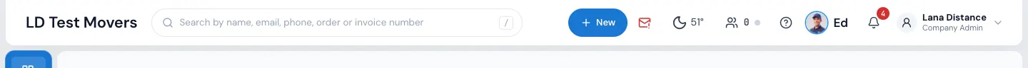 The top bar: search (1), + New (2), the bell (3) and your name (4)