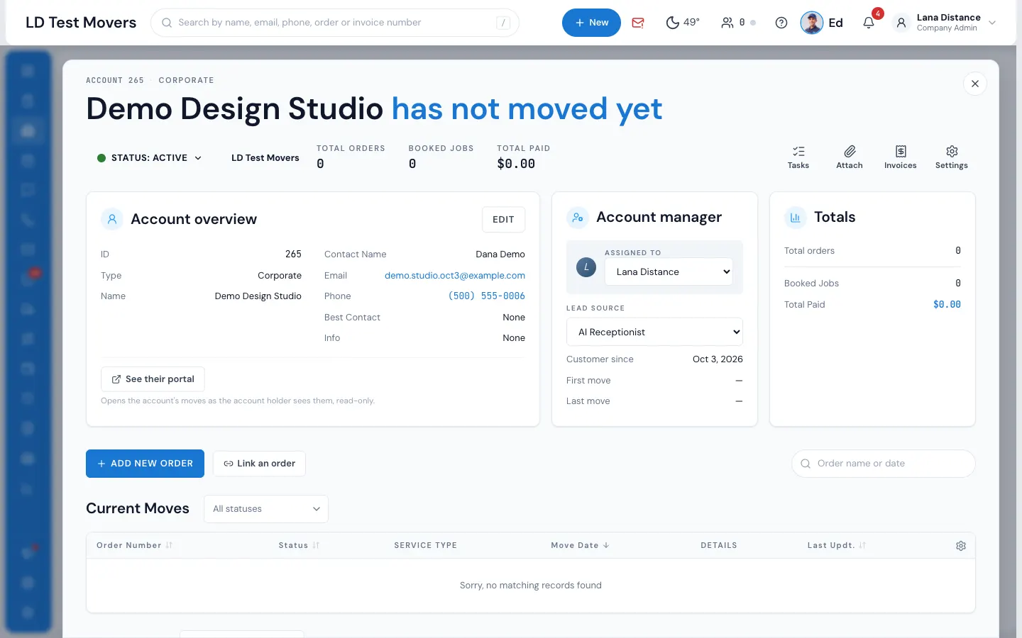 An account: its status, totals and buttons, then its overview and moves