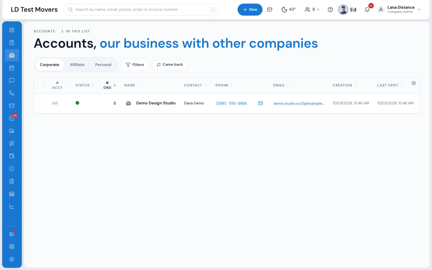 The Accounts list, with its type tabs and columns