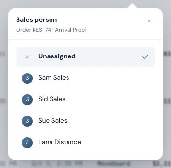 The Sales person picker, opened from an order's row