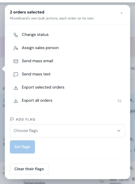 The panel for the ticked orders: the actions, then Add flag