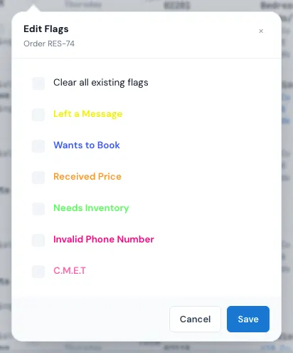 Edit Flags for one order, opened from its Flags cell