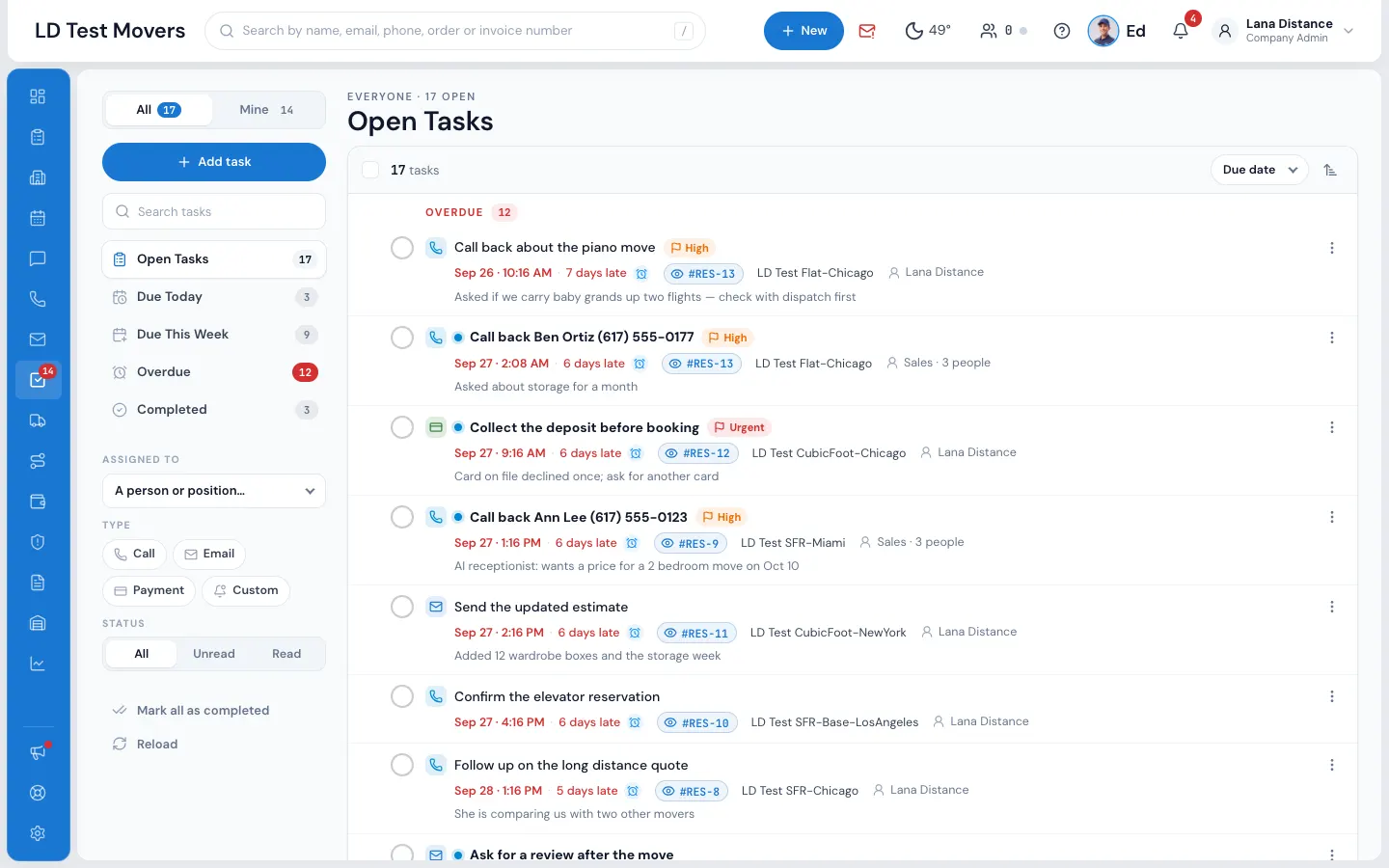 The Tasks page: views and filters on the left, tasks grouped by when they're due