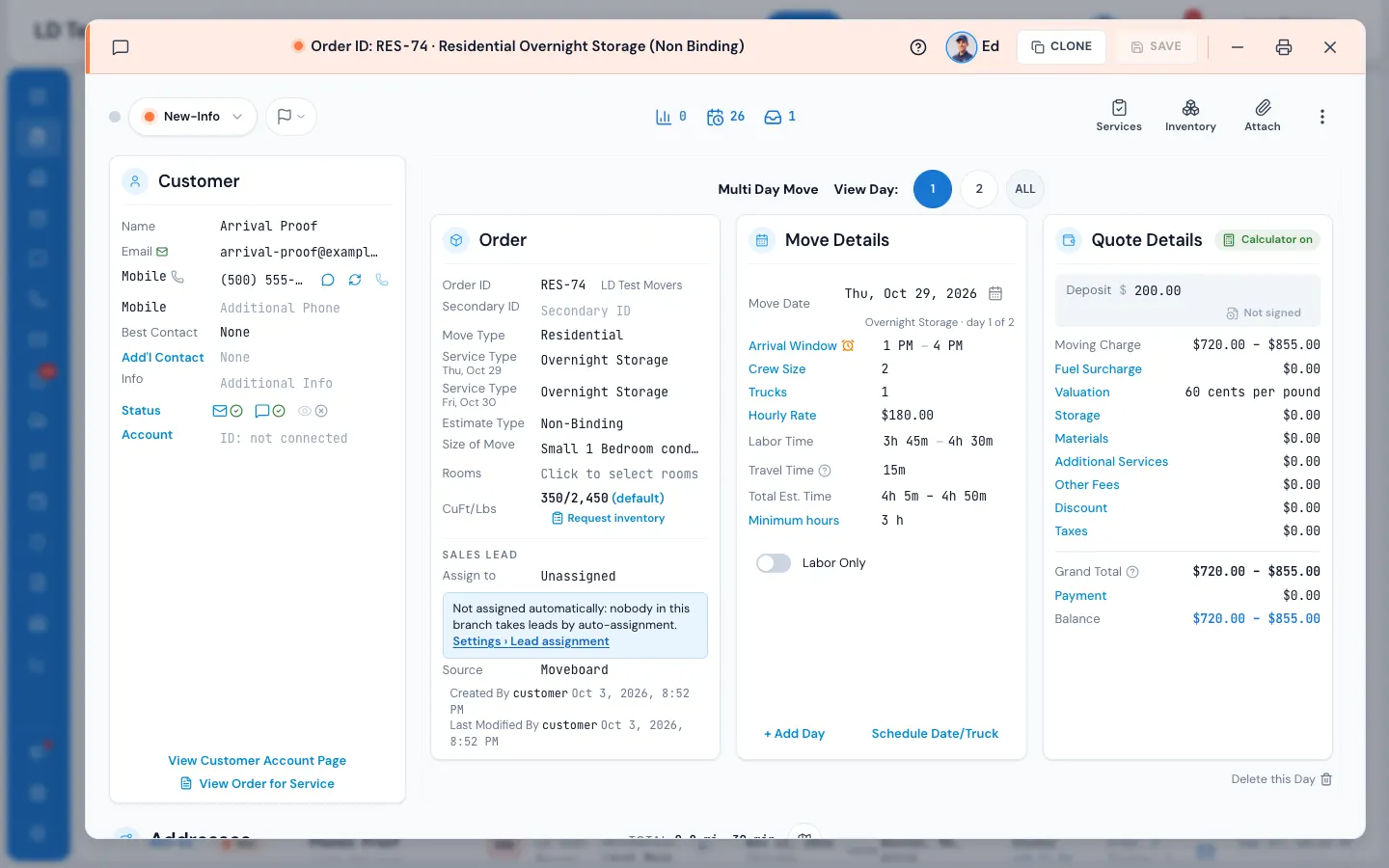 Request inventory sits under the cubic feet in the Order card