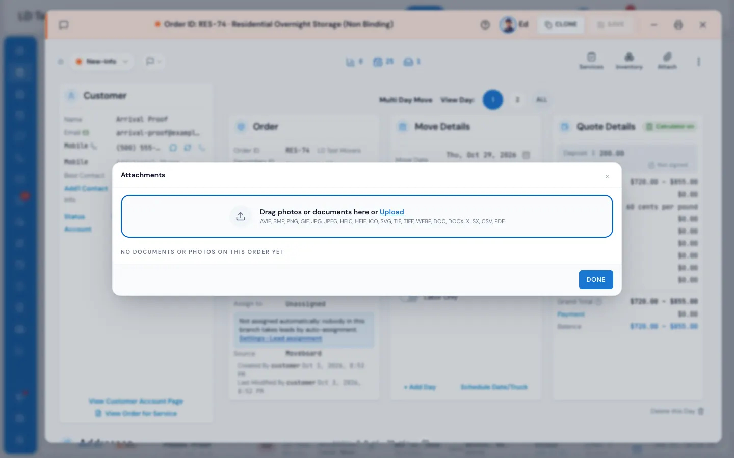 The Attachments pop-up: drop or upload files here (1); each file has its switches (2)