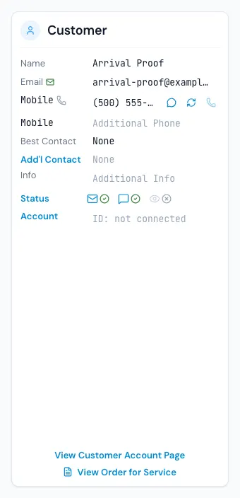 The Customer card: name, email and phones at the top, Best Contact, Add'l Contact, Info, Status and Account below, and the two links at the foot