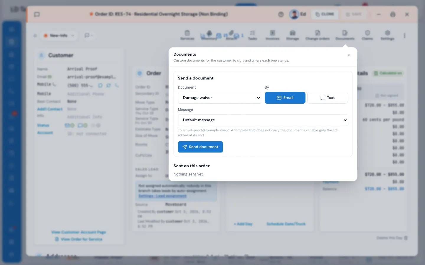 The Documents panel: pick the document (1), email or text, the message, then Send document (2)