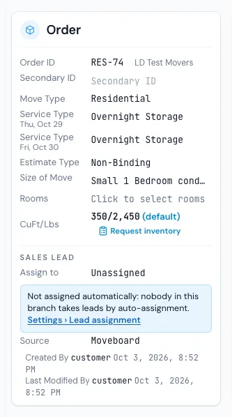 The Order card: the IDs and the move's description at the top, Sales Lead below