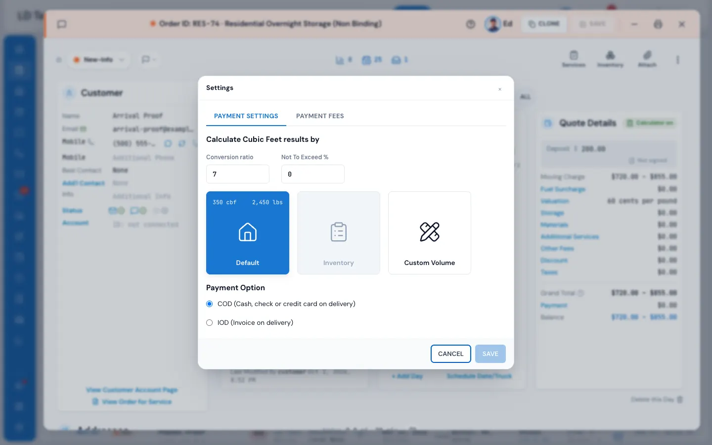 The order's Settings: the volume tiles (1) and the payment option (2)
