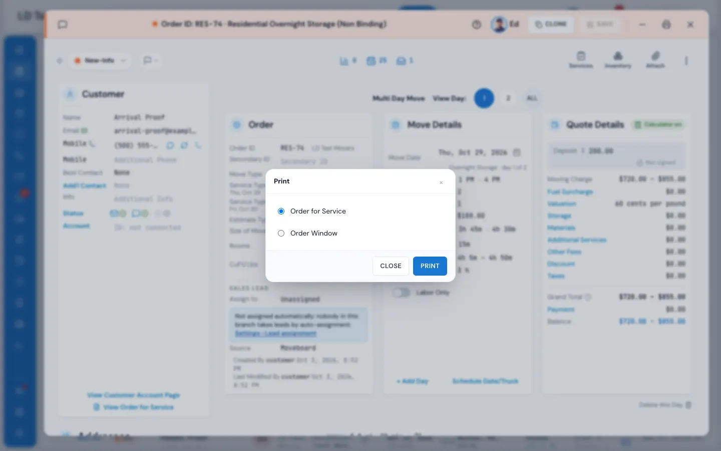 The Print pop-up: choose what to print, then PRINT