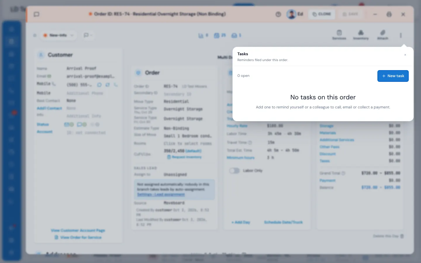 The order's Tasks: open tasks first; New task (1) adds one