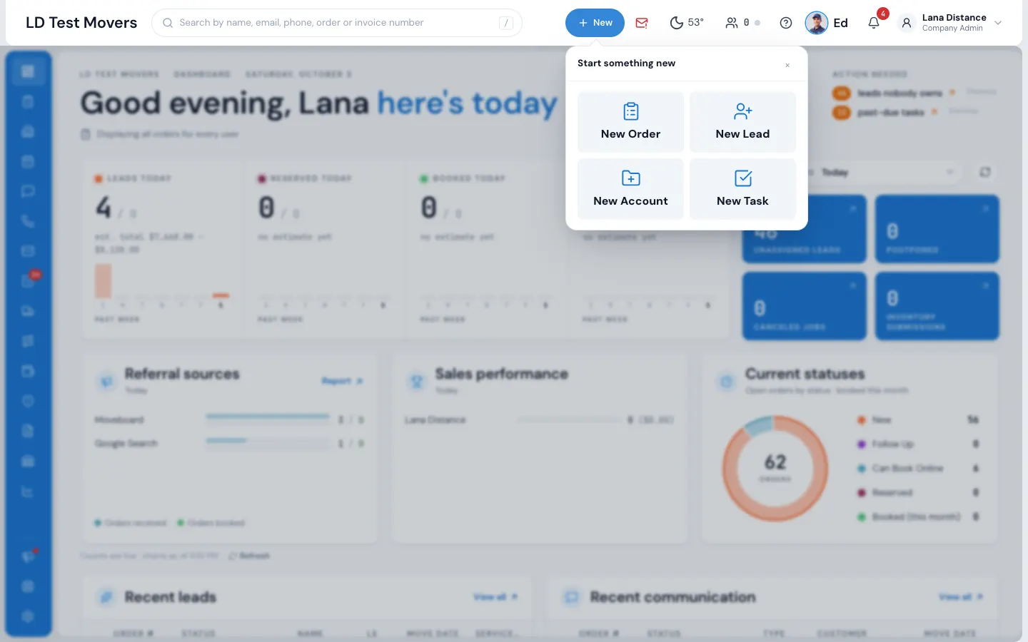 Press + New to start an order, a lead, an account or a task