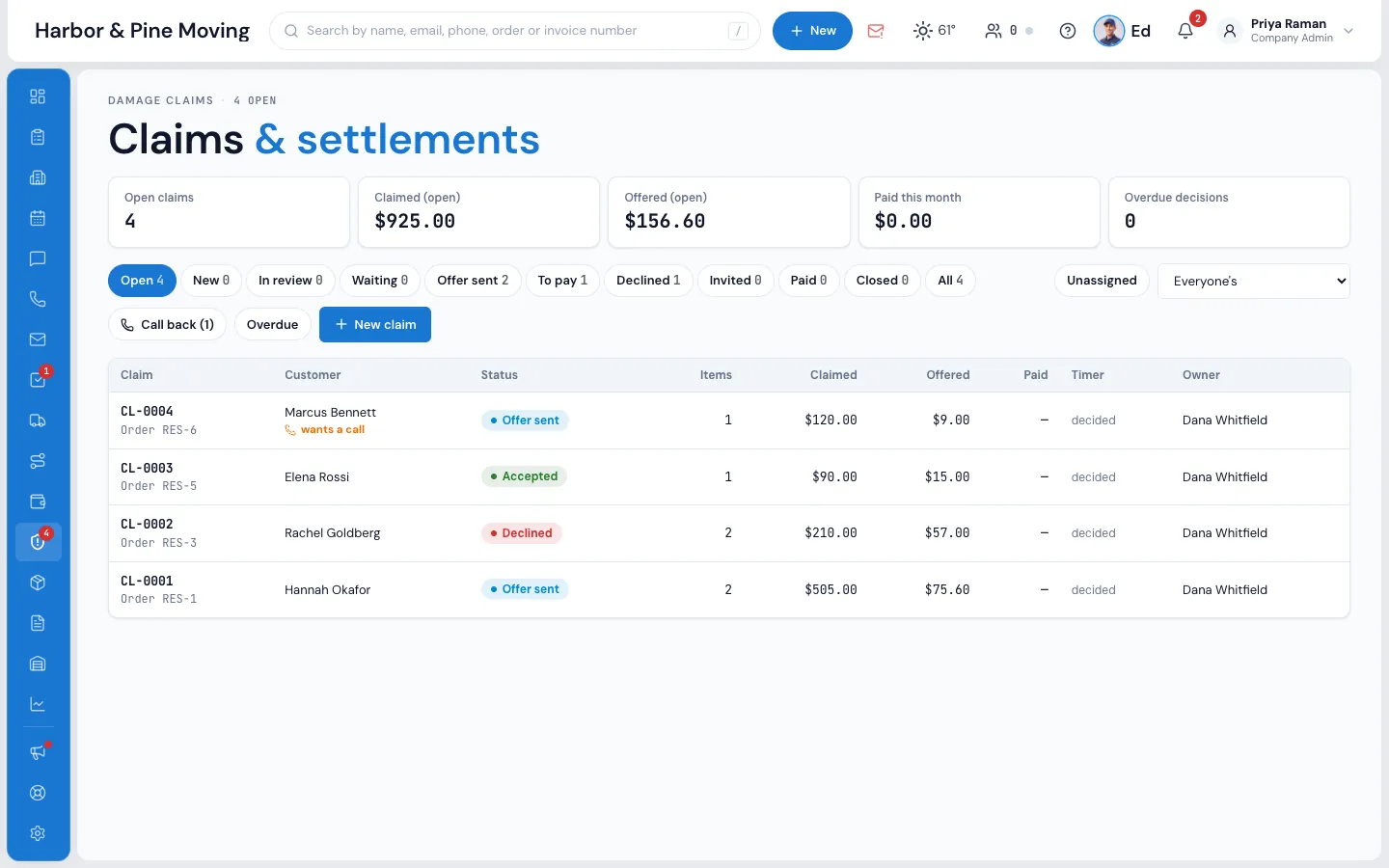 MoveBoard Claims screen