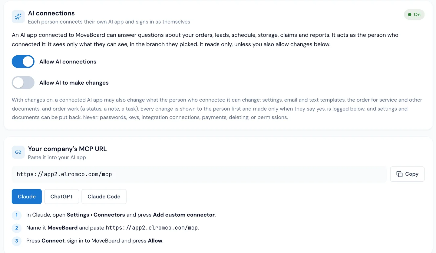Settings › Integrations › AI connections (MCP) in MoveBoard: Allow AI connections on, Allow AI to make changes off, and Your company's MCP URL with steps for Claude, ChatGPT and Claude Code