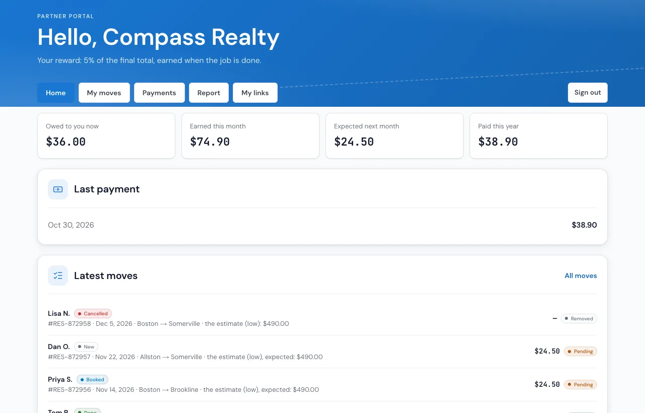 The partner portal in MoveBoard: Hello, Compass Realty, your reward is 5% of the final total earned when the job is done, with Owed to you now, Earned this month, Expected next month, Paid this year, the last payment and the latest moves