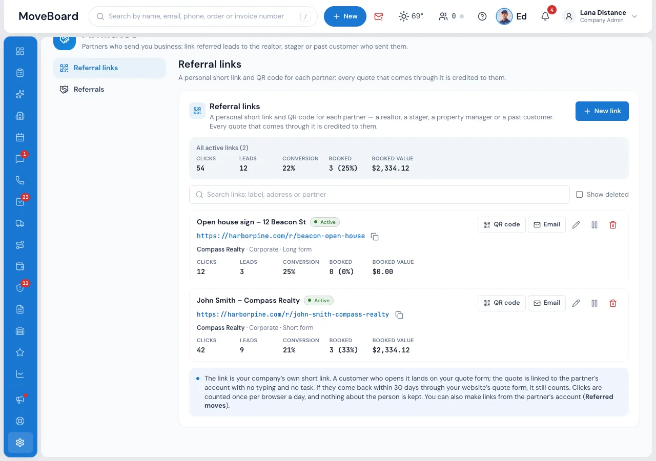 Settings › Affiliates › Referral links in MoveBoard: all active links with 54 clicks, 12 leads, 22% conversion and 3 booked, and two links for Compass Realty, each with QR code, Email, edit, pause and delete
