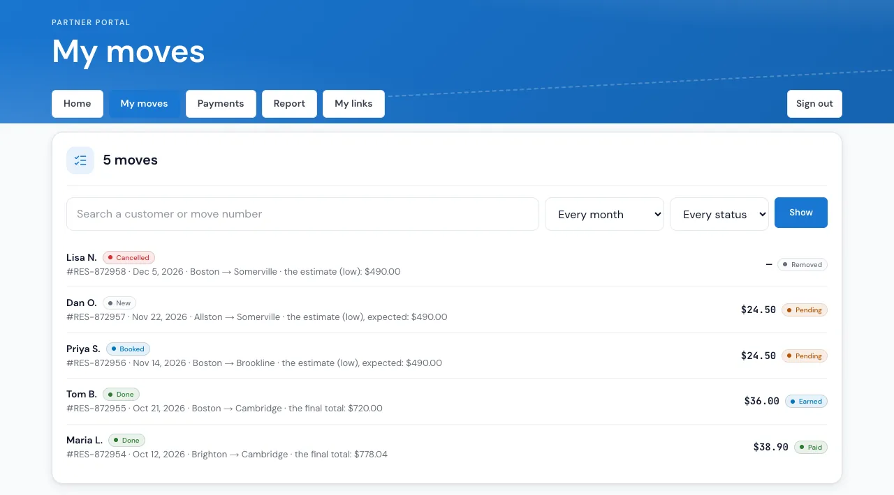 My moves in the partner portal: five moves sent by Compass Realty, each with the customer's first name and last initial, the move date and cities, the status and the reward Pending, Earned, Paid or Removed