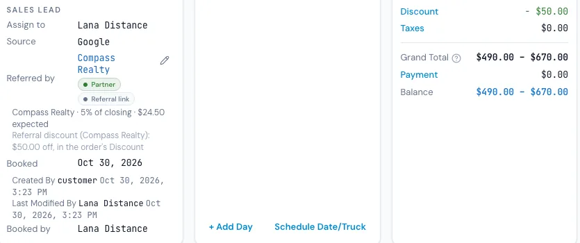 An order in MoveBoard: Referred by Compass Realty with the Partner and Referral link tags, the reward 5% of closing, $24.50 expected, and the referral discount of $50.00 in the order's Discount