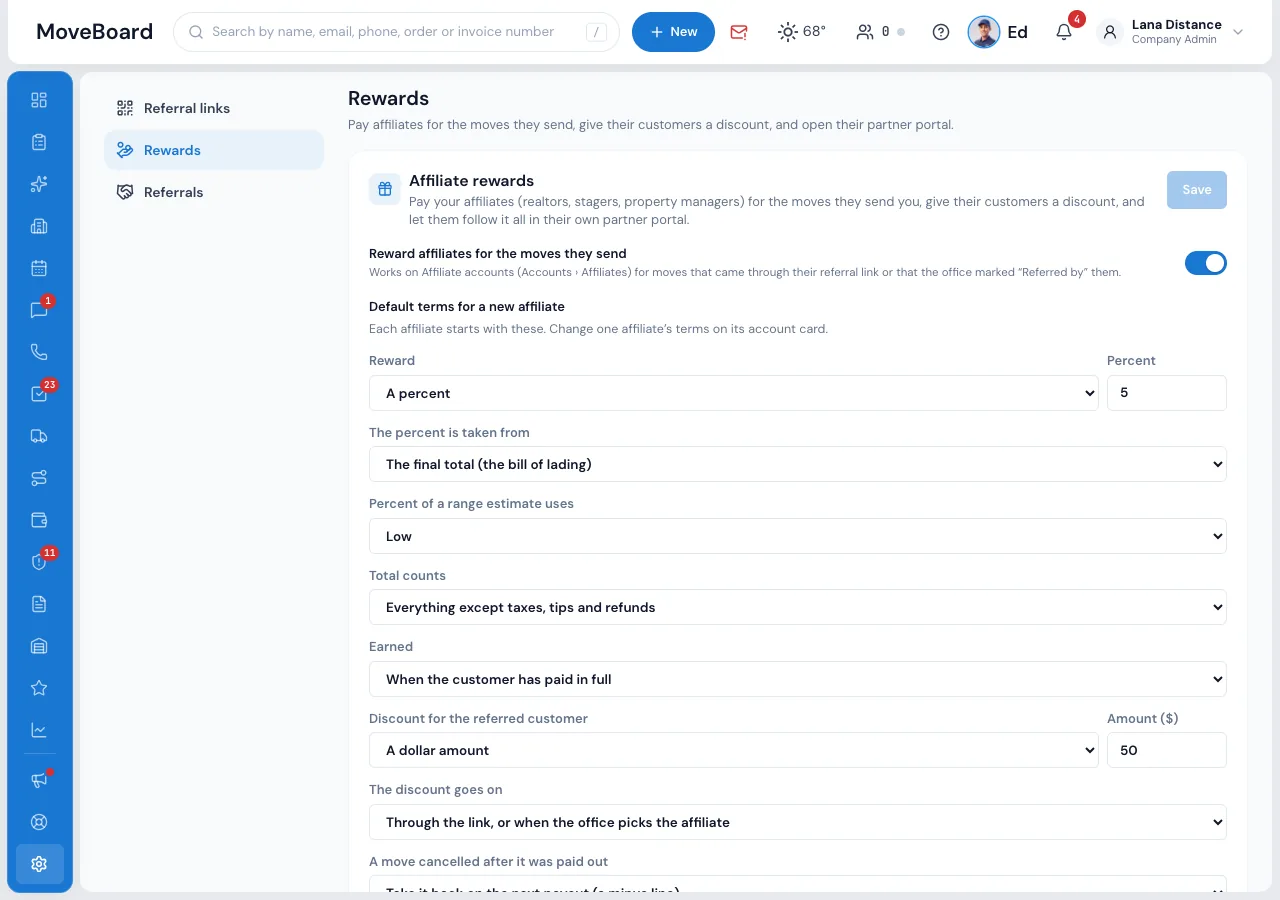 Settings › Affiliates › Rewards in MoveBoard: Reward affiliates for the moves they send, and the default terms: a percent of 5, taken from the final total, earned when the customer has paid in full, and a $50 discount for the referred customer