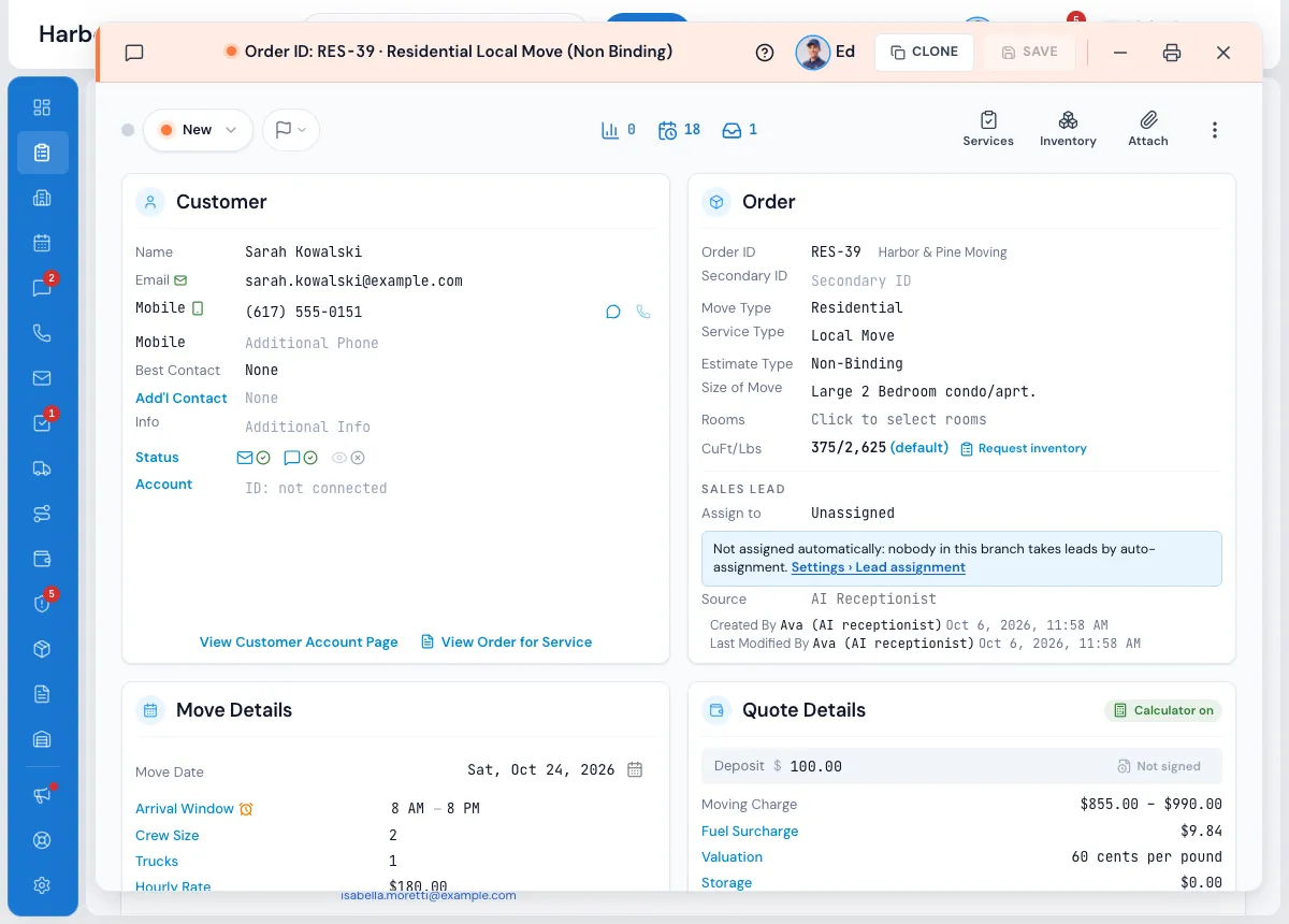 An order the AI Receptionist created in MoveBoard: created by Ava (AI receptionist), source AI Receptionist, with the arrival window, crew size, truck and estimate filled in