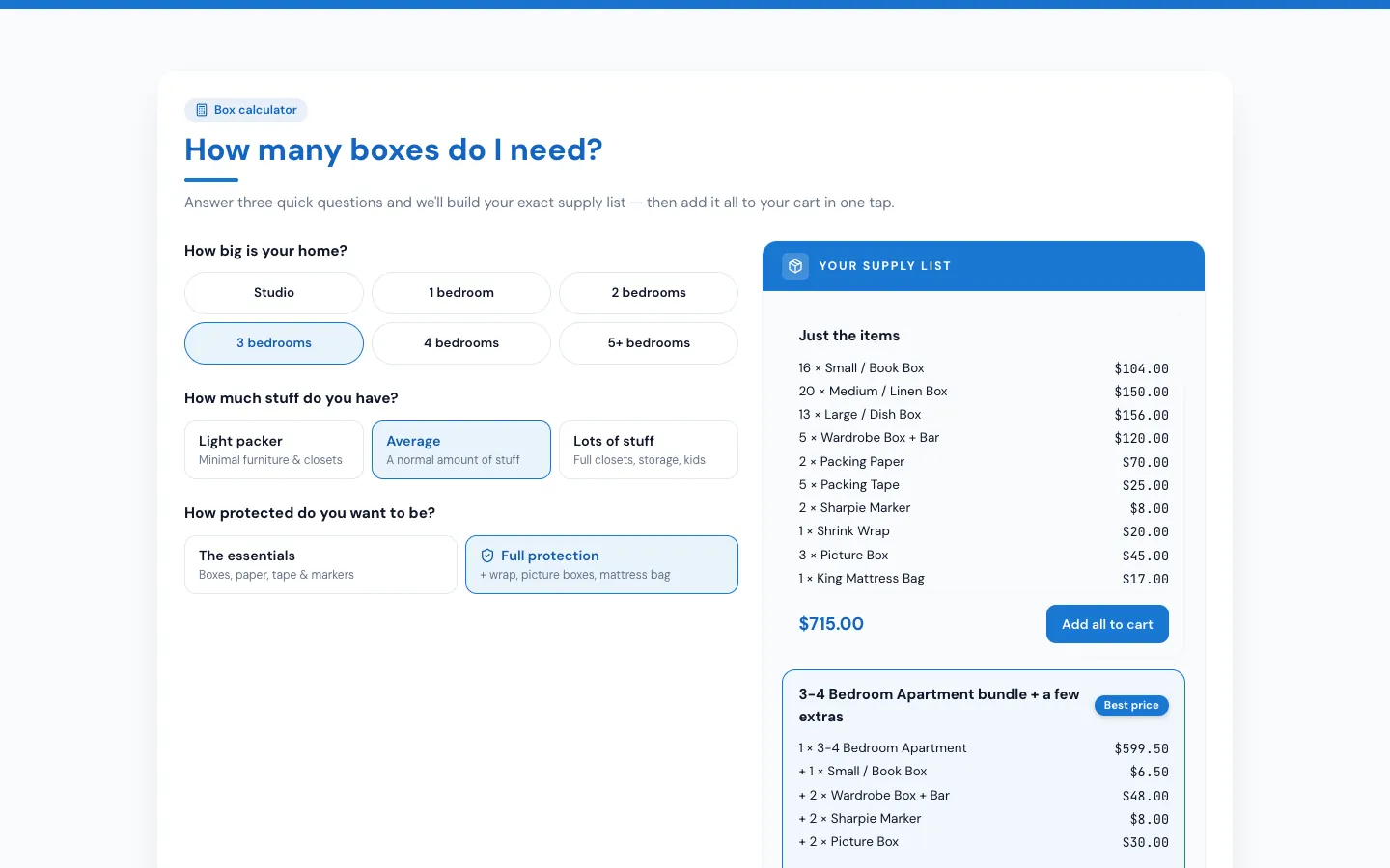 The box calculator on the website store: home size, how much stuff, protection, and the supply list next to the closest bundle