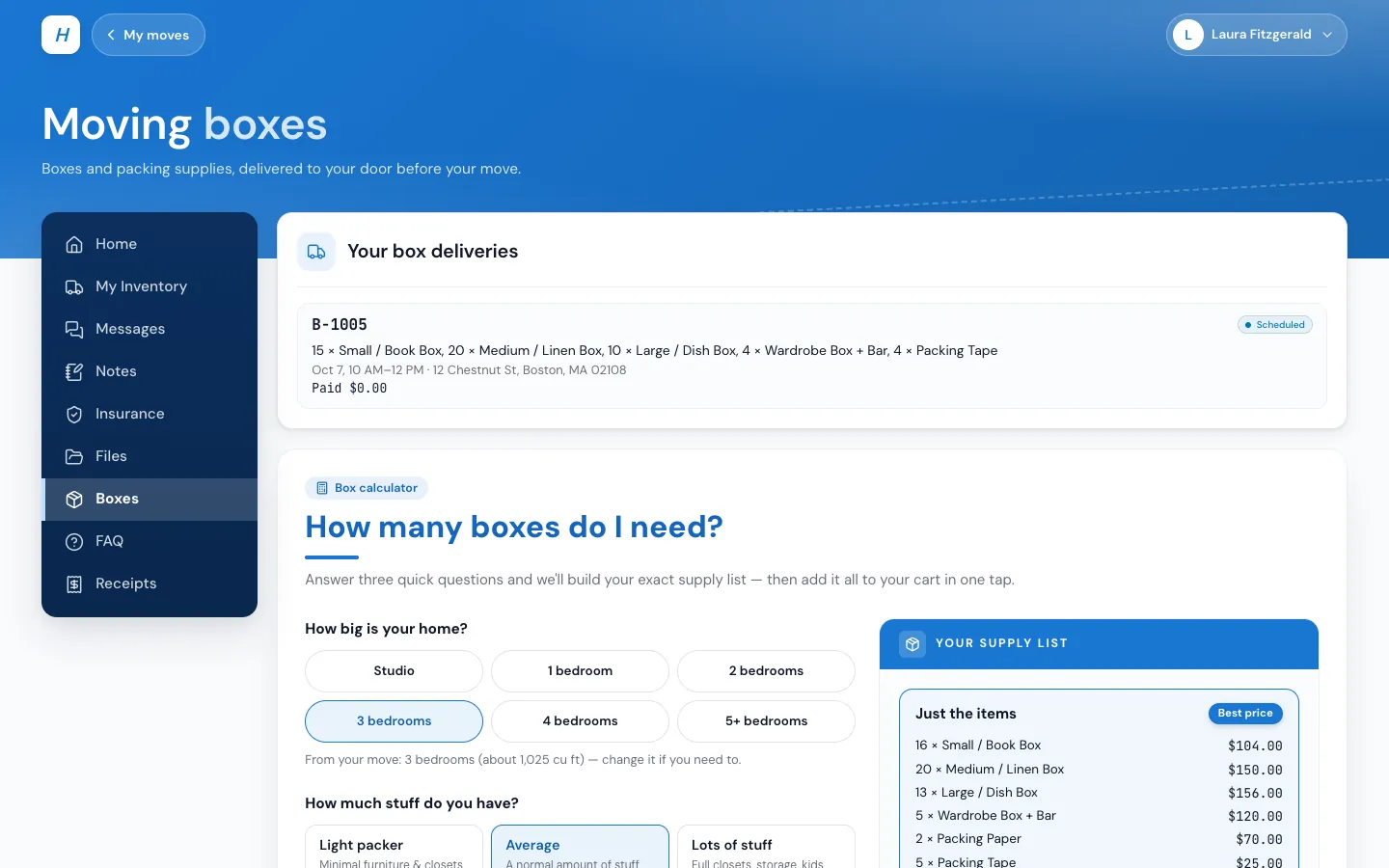 The customer portal's Moving boxes page with the customer's box deliveries and the calculator