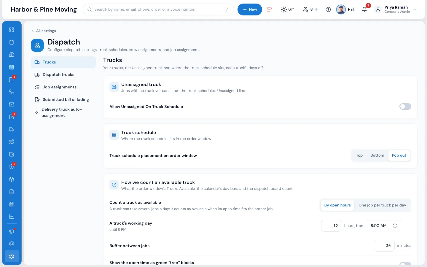 Settings › Dispatch › Trucks: How we count an available truck, By open hours or One job per truck per day, the working day and the buffer between jobs