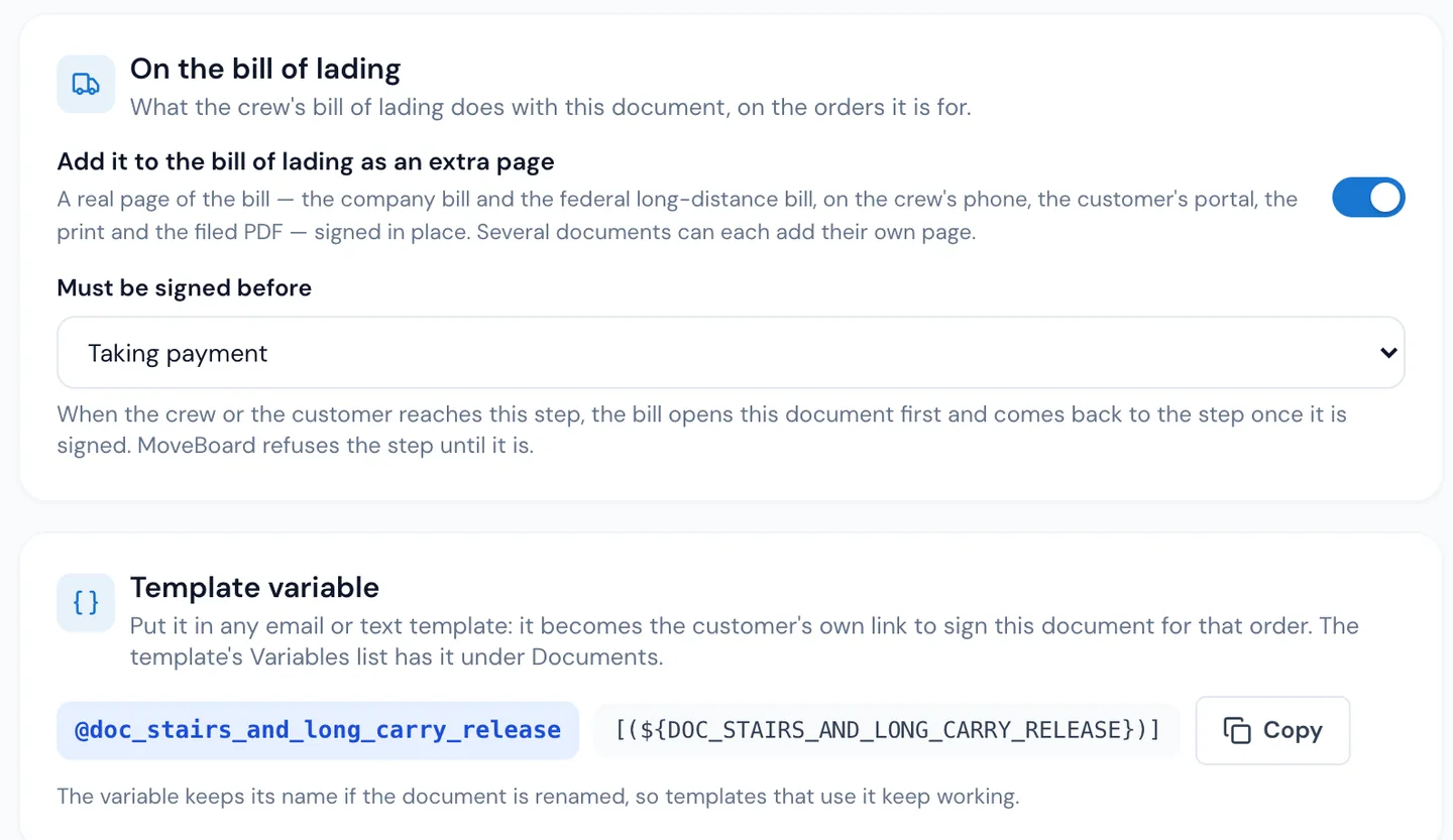 A custom document's On the bill of lading settings in MoveBoard: Add it to the bill of lading as an extra page switched on, and Must be signed before Taking payment