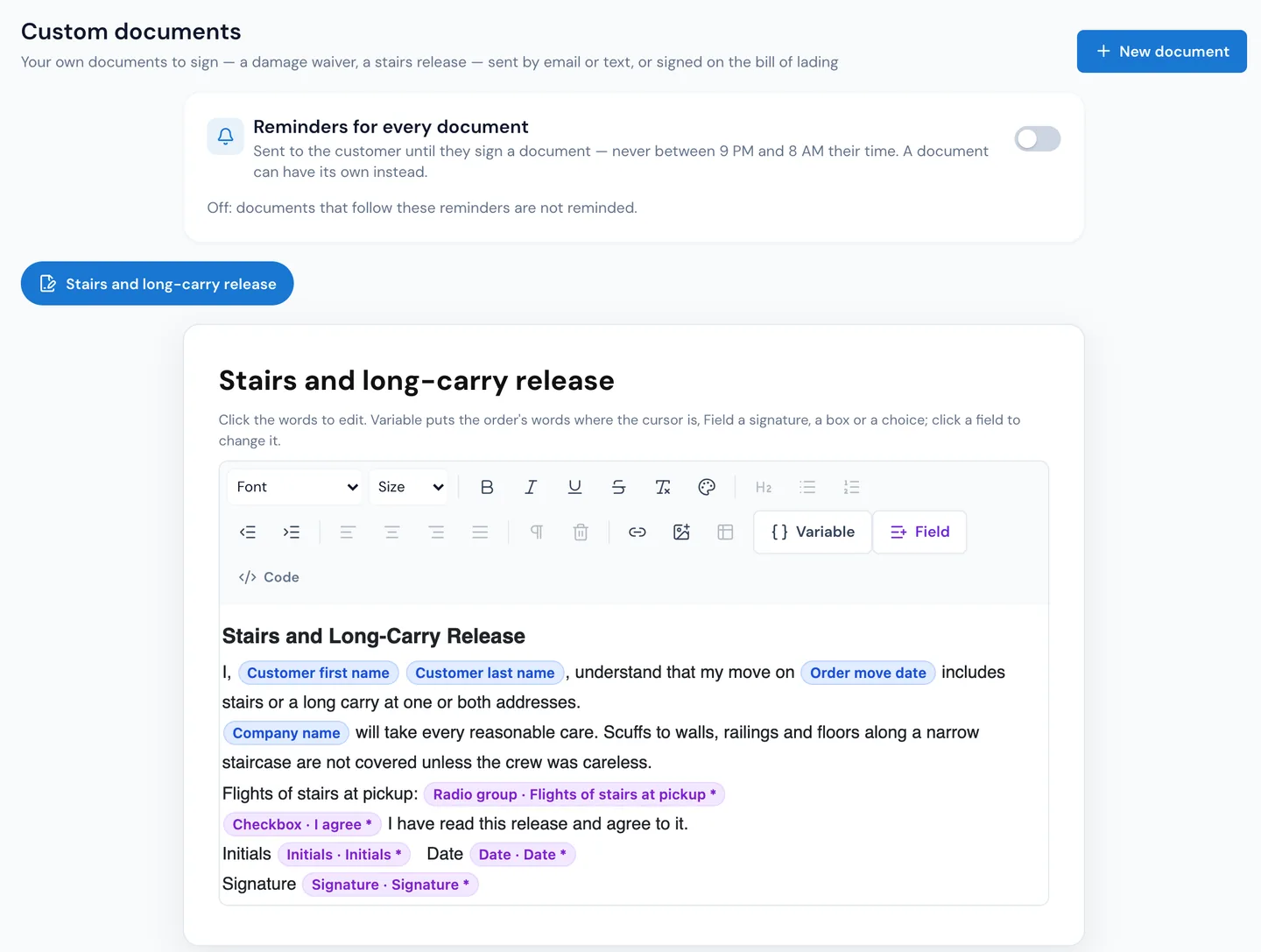 Settings › Documents & bill of lading › Custom documents in MoveBoard: a stairs and long-carry release written on the page as the customer will see it, with order variables and Radio group, Checkbox, Initials, Date and Signature fields