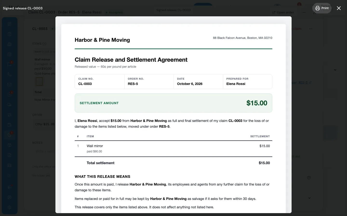A Claim Release and Settlement Agreement preview with the settlement amount and the items