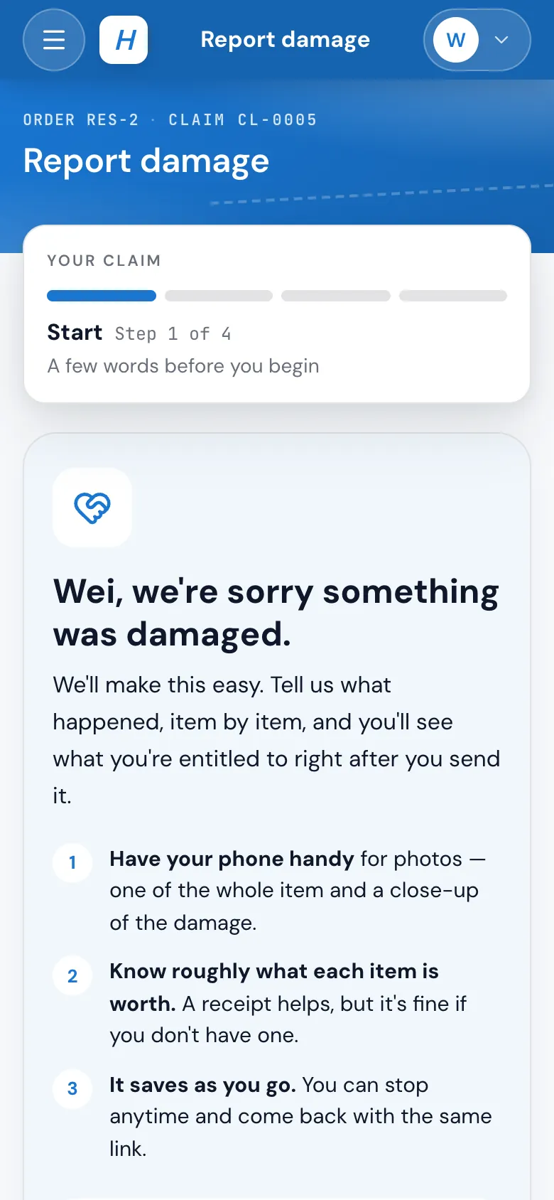 The customer's Report damage page on a phone, with the steps and what to have ready