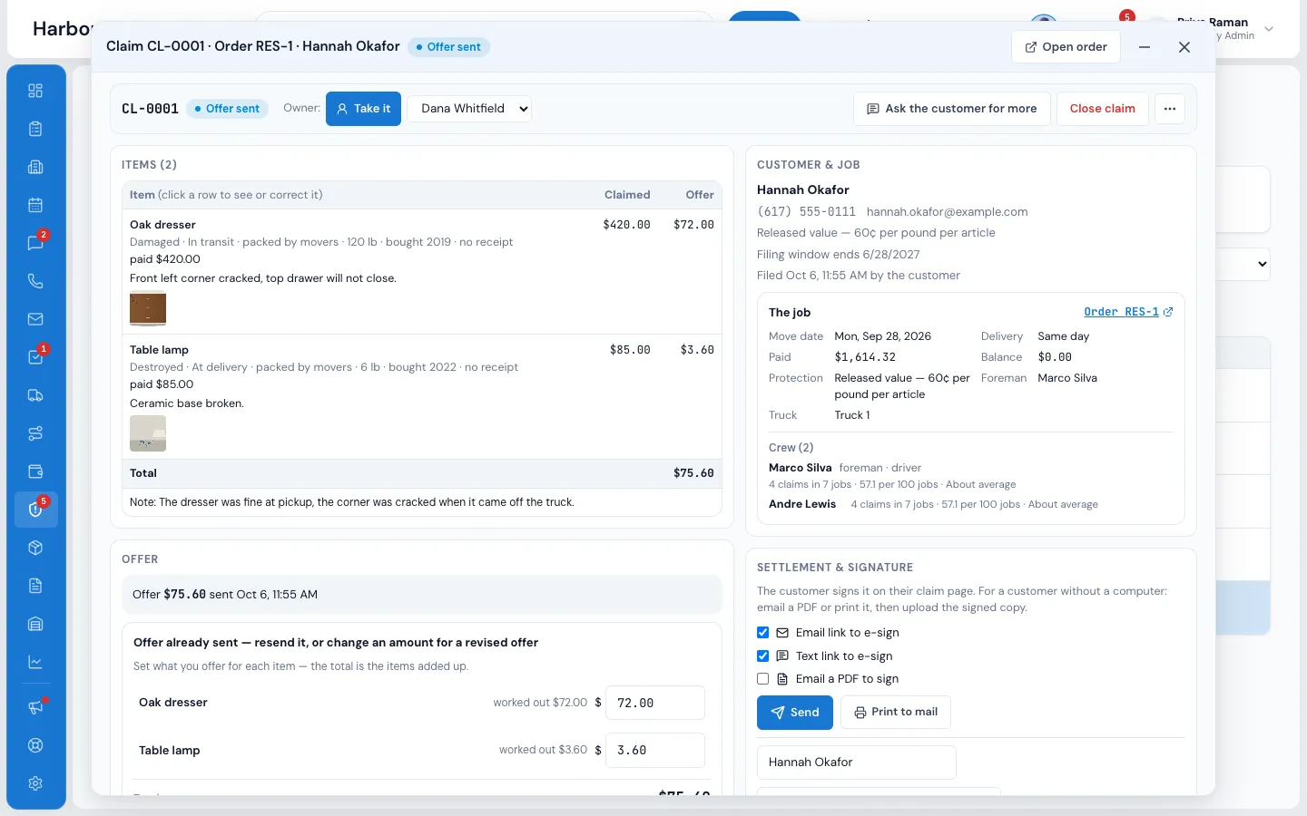 A claim window with items, offer amounts, the customer and the job, tasks and activity