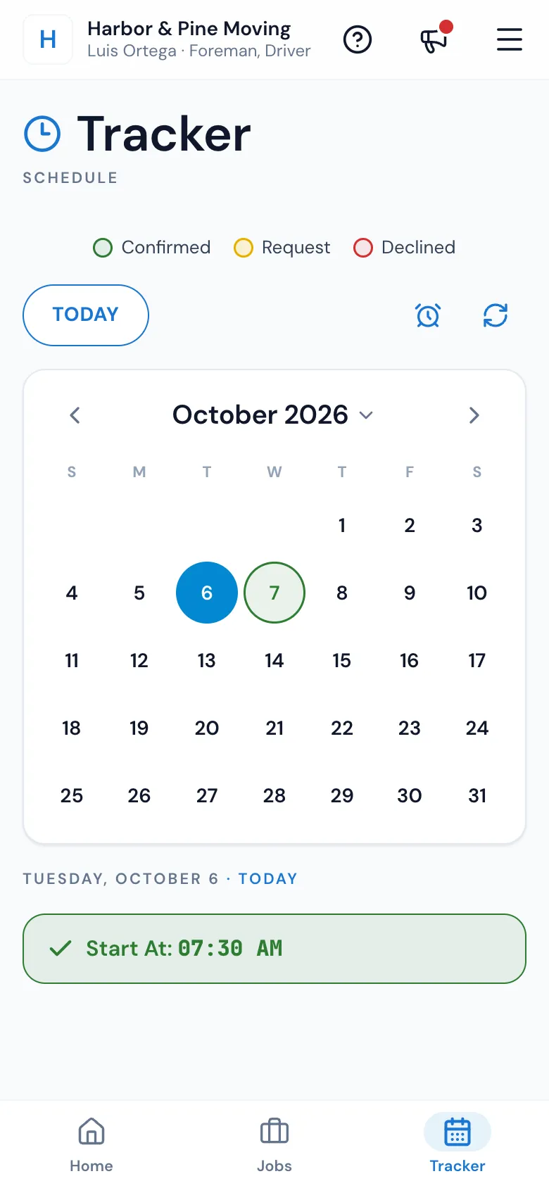 The Mover's Portal Tracker: Confirmed, Request and Declined, TODAY and the month's calendar