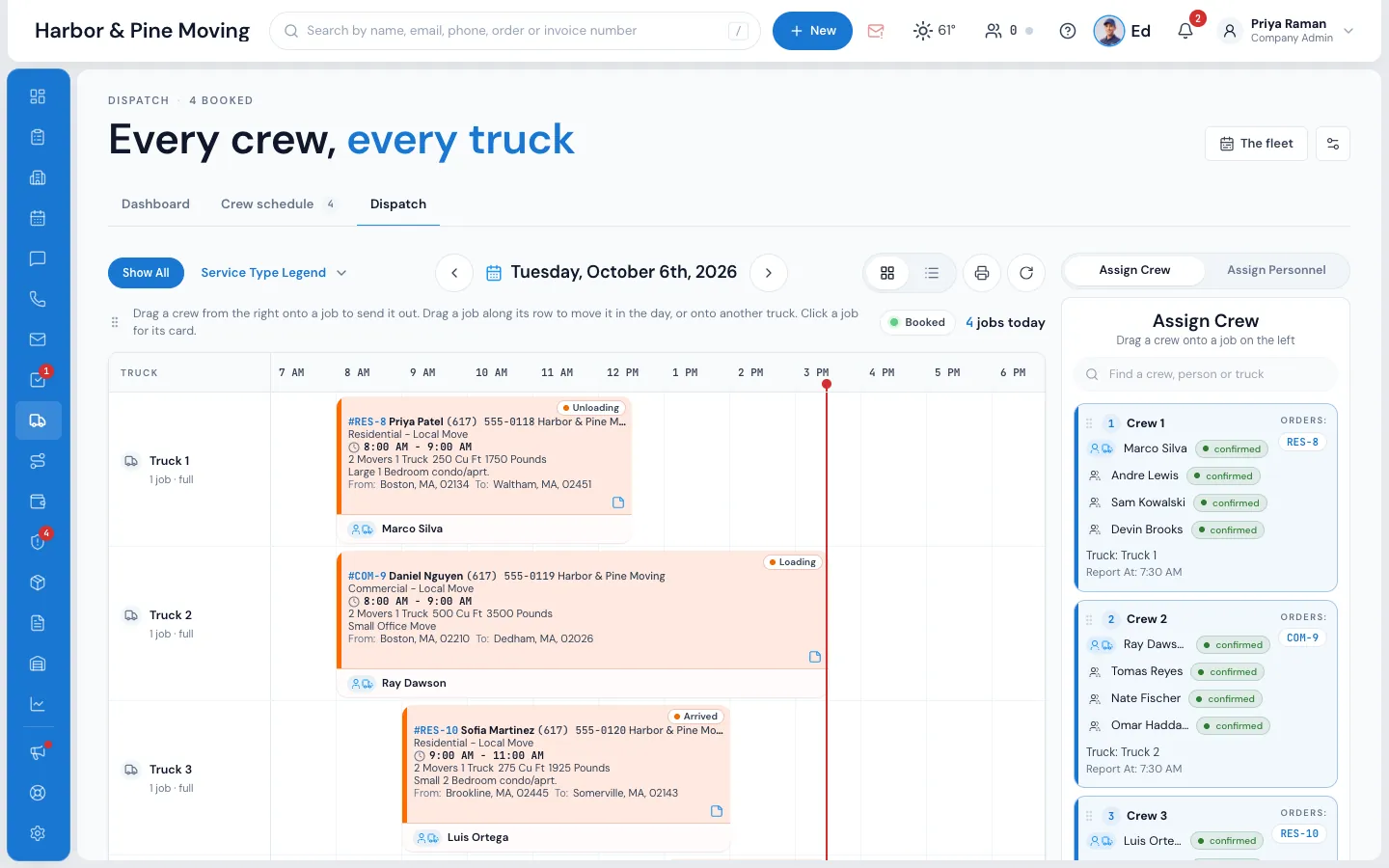 MoveBoard for a small moving company: the Dispatch board with a row per truck, the day's jobs and the crews on them
