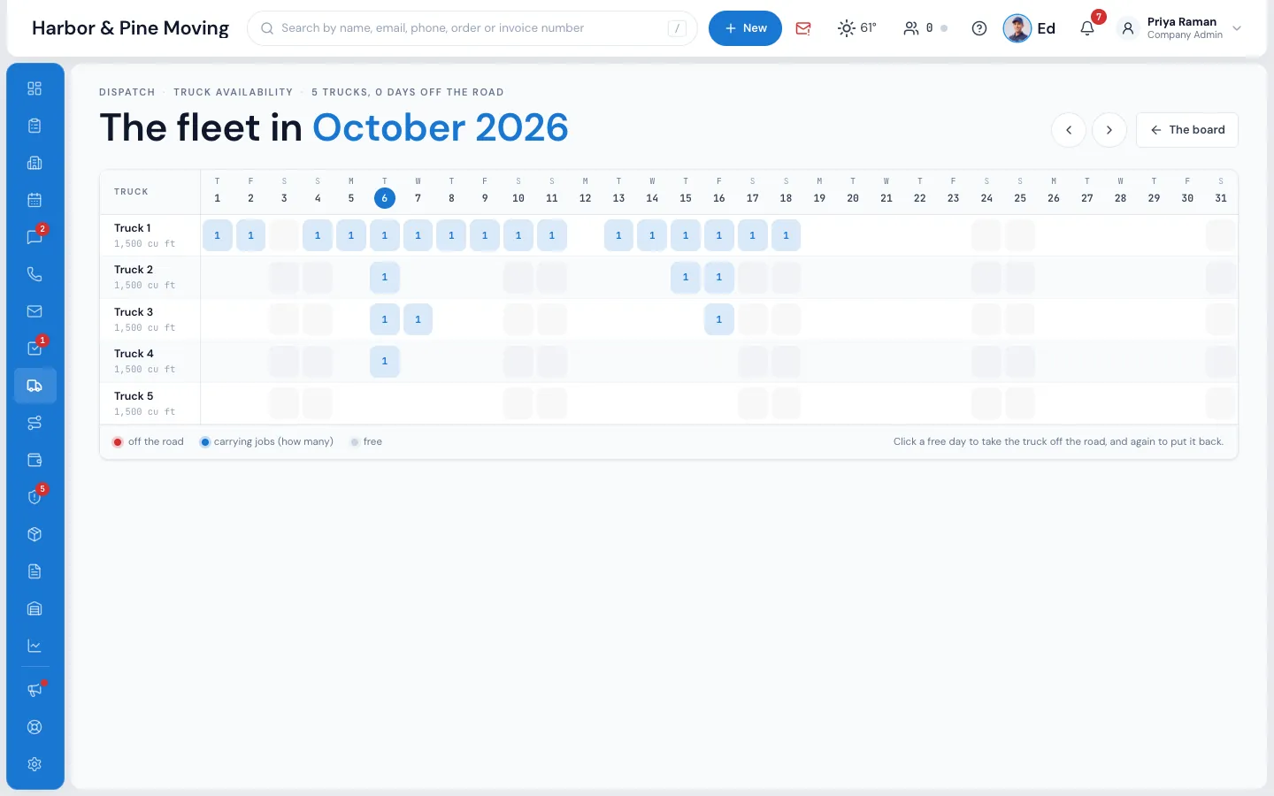The fleet calendar for October: three trucks, the number of jobs on each working day, and the legend for off the road, carrying jobs and free
